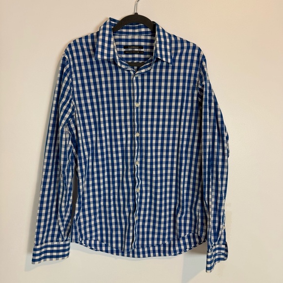 Club Monaco Gingham Button Down Shirt Plaid Textured Mens Slim L white blue - Picture 1 of 8
